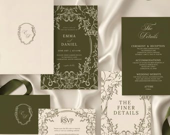 Olivgrüne Toile-Einladungssuiten-Vorlage, bearbeitbares Canva-Design, elegantes verziertes Blumenmuster, Vintage-Garten-Briefpapier-Set