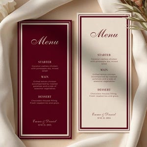 Oud geld bruiloft menusjabloon, elegant canvasmenu, klassieke bordeauxrode crème 4 x 9 bewerkbare menukaart, afdrukbare receptie dinermenu