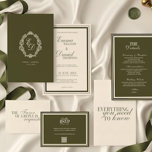 May include: Wedding invitation suite featuring olive green and cream cards with elegant typography. The suite includes an invitation, RSVP card, details card, and other inserts. The design incorporates a decorative monogram and the names Emma & Daniel.