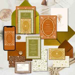 Rustic Terracotta & Olive Wedding Invitation Template, Boho Floral Suite, Earthy Vintage Lace Canva Invite Set, Autumn Printable Bundle
