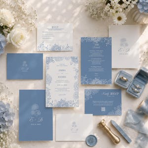 Dusty Blue Wedding Invitation Template Canva, Botanical Floral Suite, Hydrangea Garden Invite, Spring Toile Stationery, Instant Download