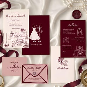 May include: A wedding stationery set featuring cream and deep burgundy cards with line art illustrations of a wedding dress, suit, cake, champagne, and table settings. The text includes "Emma and Daniel," "The Details," and "Kindly RSVP."