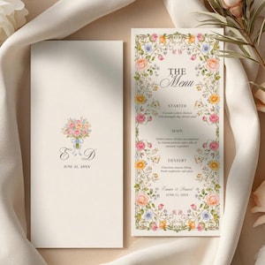 Wildblumen-Hochzeitsmenüvorlage, 4x9 Floral-Empfangsmenükarte, Gartenhochzeitsmenü, bearbeitbares Canva, Boho-Blumenmenü, Frühlingshochzeit