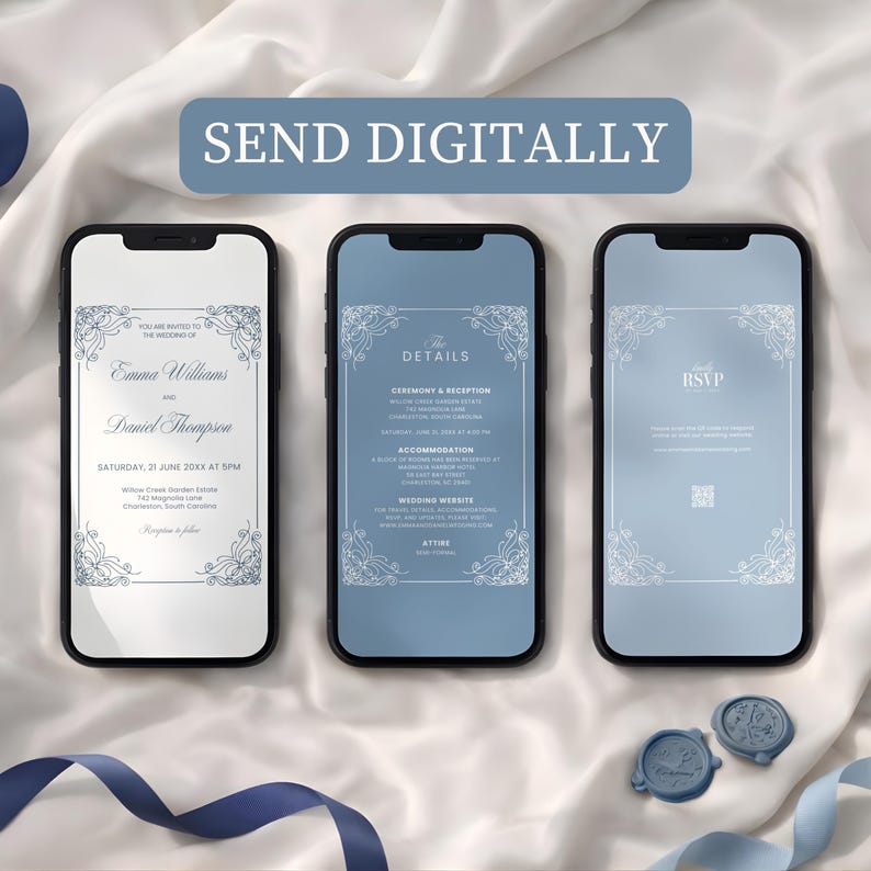 Puede incluir: Tres tel&eacute;fonos inteligentes que muestran invitaciones de boda digitales. El primer tel&eacute;fono muestra los detalles de la invitaci&oacute;n con los nombres Emma Williams y Daniel Thompson. El segundo tel&eacute;fono muestra los detalles de la ceremonia. El tercer tel&eacute;fono muestra la informaci&oacute;n de RSVP. La frase "SEND DIGITALLY" est&aacute; en la parte superior.