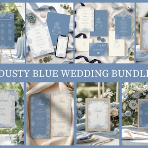 Dusty Blue Hydrangea Wedding Bundle Template, Botanical Wedding Stationery Set, Printable Wedding Decor, Canva Editable, Welcome Sign
