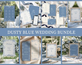 Plantilla de paquete de boda Hortensias Azul Polvoriento, Conjunto de papelería botánica para bodas, Decoración de boda imprimible, Editable en Canva, Letrero de bienvenida