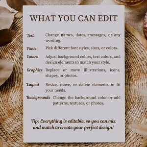 Puede incluir: Una tarjeta gris claro con el texto "WHAT YOU CAN EDIT" en marr&oacute;n. La tarjeta enumera opciones para editar texto, fuentes, colores, gr&aacute;ficos, dise&ntilde;o y fondos. Un consejo en la parte inferior dice: "&iexcl;Todo es editable, para que puedas mezclar y combinar para crear tu dise&ntilde;o perfecto!"