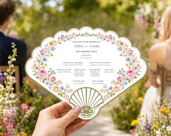 Modello di programma di matrimonio a ventaglio, guida alla cerimonia, stampabile modificabile su Canva, decorazioni floreali per feste in giardino, fiori selvatici ad acquerello
