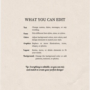 Może przedstawiać: Beżowe tło z tekstem "WHAT YOU CAN EDIT" czcionką szeryfową. Poniżej lista szczeg&oacute;łowo opisująca edytowalne aspekty: tekst, czcionki, kolory, grafika, układ i tła. Wskaz&oacute;wka na dole m&oacute;wi: "Wszystko jest edytowalne, więc możesz mieszać i dopasowywać, aby stworzyć sw&oacute;j idealny projekt!"