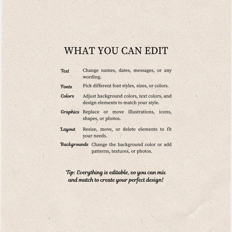 Może przedstawiać: Beżowe tło z tekstem "WHAT YOU CAN EDIT" czcionką szeryfową. Poniżej lista szczeg&oacute;łowo opisująca edytowalne aspekty: tekst, czcionki, kolory, grafika, układ i tła. Wskaz&oacute;wka na dole m&oacute;wi: "Wszystko jest edytowalne, więc możesz mieszać i dopasowywać, aby stworzyć sw&oacute;j idealny projekt!"