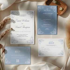 Puede incluir: Un conjunto de papeler&iacute;a de boda con un dise&ntilde;o formal. La invitaci&oacute;n, la tarjeta de detalles y las tarjetas RSVP tienen una combinaci&oacute;n de colores blanco y azul con adornos decorativos en las esquinas. El texto incluye los nombres Emma Williams y Daniel Thompson.