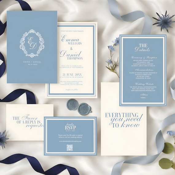 Old Money Wedding Invitation Suite, Dusty Blue & Ivory Formal Invite, Classic Monogram Crest, Timeless Elegant Canva Template