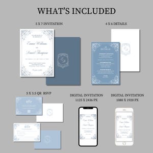 Puede incluir: Un conjunto de papeler&iacute;a de boda en tonos azules y blancos, que incluye invitaciones, tarjetas de detalles y tarjetas RSVP. El dise&ntilde;o presenta detalles florales y los nombres "Emma Williams" y "Daniel Thompson". Tambi&eacute;n se muestran maquetas de invitaciones digitales.