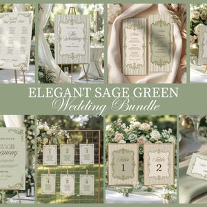 May include: A wedding stationery bundle featuring sage green and cream striped designs with ornate gold borders. The set includes a seating chart, welcome sign, menus, dessert corner sign, unplugged ceremony sign, table numbers, and place cards.