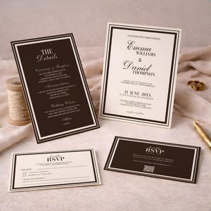 Może przedstawiać: Elegancki zestaw zaproszeń ślubnych w ciemnobrązowej i kremowej kolorystyce. Zestaw zawiera zaproszenie, kartę RSVP i kartę ze szczeg&oacute;łami, wszystkie z klasycznym wzorem obramowania. Tekst zaproszenia zawiera imiona Emma & Daniel.