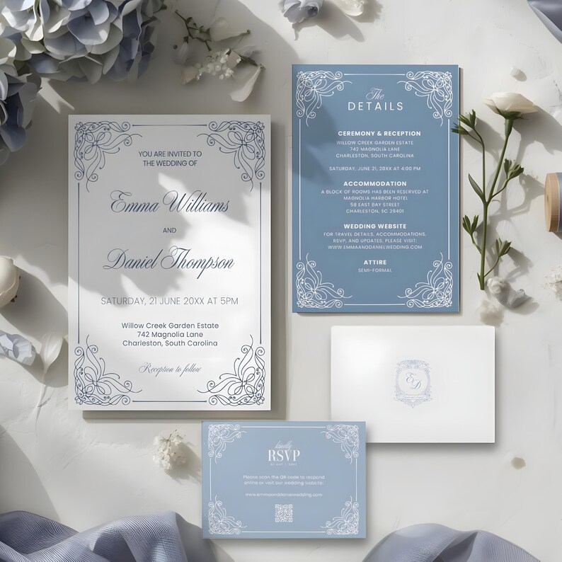 Puede incluir: Un conjunto de invitaciones de boda con una invitaci&oacute;n principal, una tarjeta de detalles, una tarjeta de confirmaci&oacute;n de asistencia y un sobre. Las tarjetas son de color azul claro con dise&ntilde;os florales blancos ornamentados en las esquinas y texto. La invitaci&oacute;n principal incluye los nombres Emma Williams y Daniel Thompson.