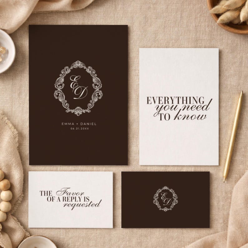 Może przedstawiać: Zestaw papeterii ślubnej. Ciemnobrązowe zaproszenie zawiera ozdobny monogram oraz imiona "Emma & Daniel". Dodatkowe karty zawierają frazy "Everything you need to know" i "The Favor of a Reply is requested."
