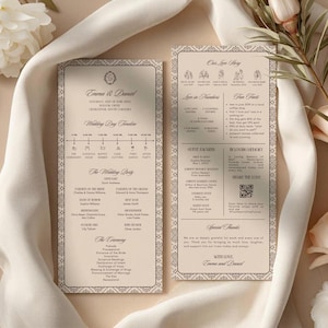 Puede incluir: Dos tarjetas rectangulares de programa de boda con fondo crema y texto negro. La tarjeta izquierda presenta una línea de tiempo, la lista de la fiesta de bodas y el orden de la ceremonia. La derecha muestra una historia de amor, datos y un código QR.