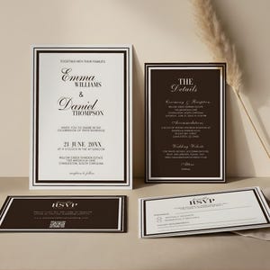 Może przedstawiać: Elegancki zestaw zaproszeń ślubnych w białej i ciemnobrązowej kolorystyce. Gł&oacute;wne zaproszenie zawiera imiona Emma Williams & Daniel Thompson, szczeg&oacute;ły wydarzenia i lokalizację. Dodatkowe karty zawierają szczeg&oacute;ły i RSVP.