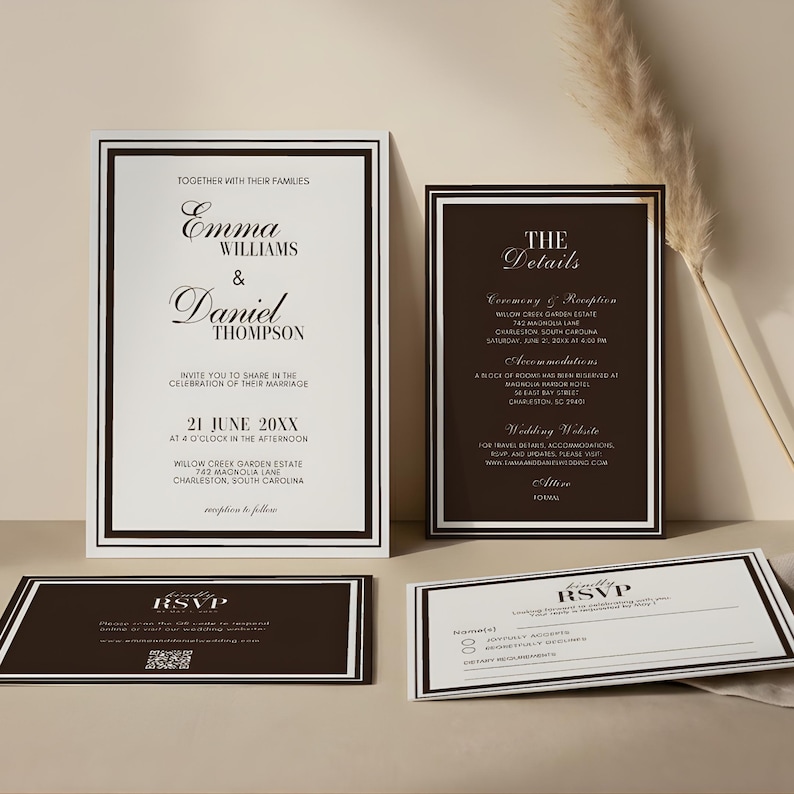 Może przedstawiać: Elegancki zestaw zaproszeń ślubnych w białej i ciemnobrązowej kolorystyce. Gł&oacute;wne zaproszenie zawiera imiona Emma Williams & Daniel Thompson, szczeg&oacute;ły wydarzenia i lokalizację. Dodatkowe karty zawierają szczeg&oacute;ły i RSVP.