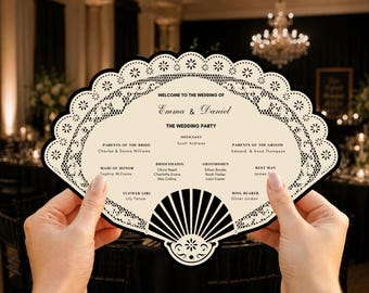 Modèle d'éventail de programme de mariage, éventail de cérémonie en dentelle festonnée élégante, chronologie de mariage en toile modifiable, programme de fête de mariage imprimable, bricolage