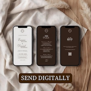 Może przedstawiać: Trzy smartfony wyświetlające cyfrowe zaproszenia ślubne. Pierwszy telefon pokazuje imiona Emma Williams & Daniel Thompson z datą 21 czerwca 20XX. Drugi telefon pokazuje szczeg&oacute;ły ślubu. Trzeci telefon pokazuje informacje RSVP. Tekst "SEND DIGITALLY" znajduje się na dole.