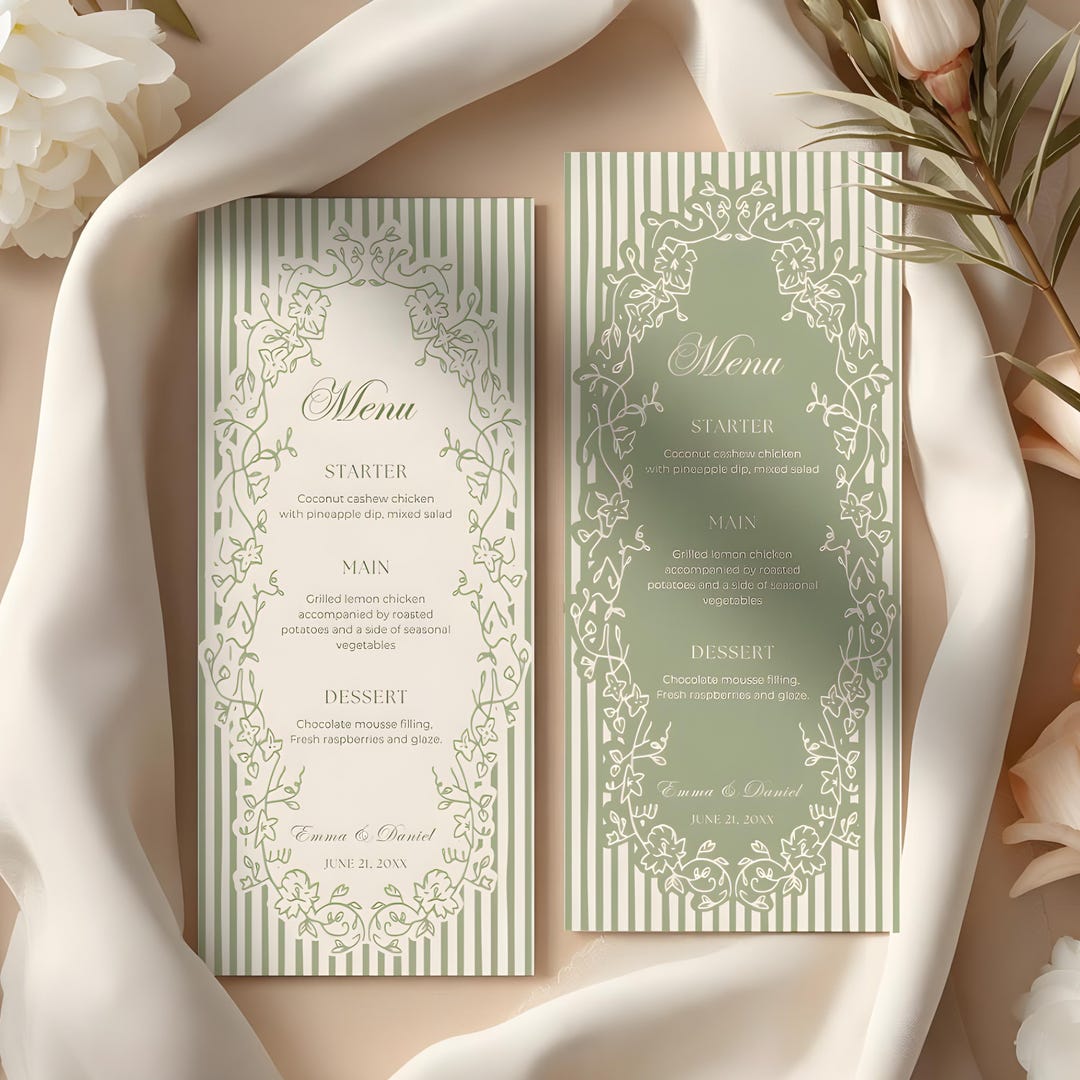Editable Wedding Menu Template 4x9, Sage Green Botanical Garden ...