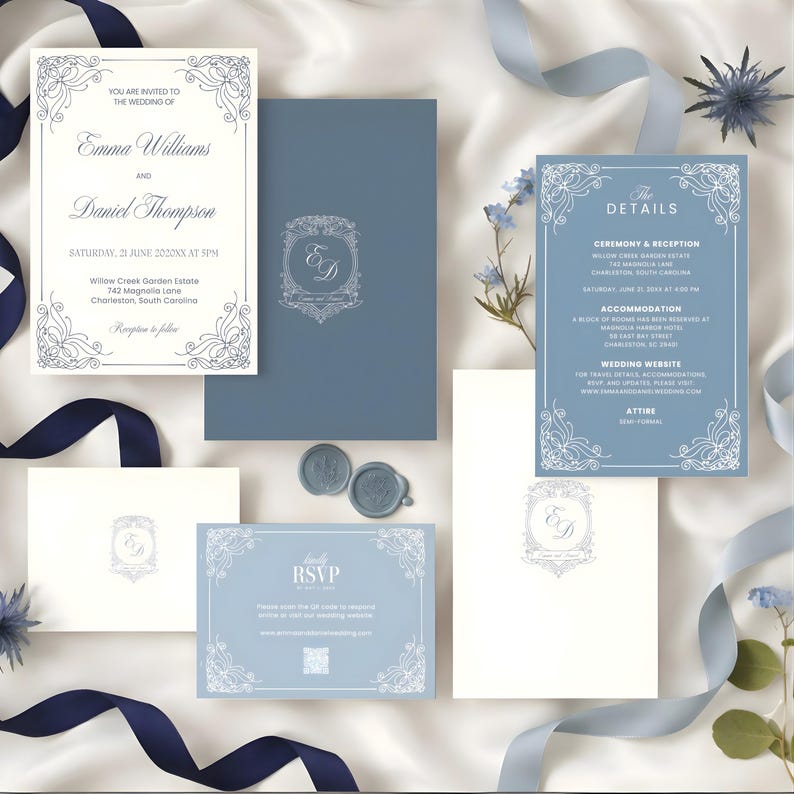 Puede incluir: Conjunto de invitaciones de boda formales con elementos azules y blancos. El conjunto incluye tarjetas de invitaci&oacute;n, tarjetas de confirmaci&oacute;n de asistencia y tarjetas de detalles. El texto incluye nombres, fechas y lugares. Tambi&eacute;n hay cintas y flores decorativas.