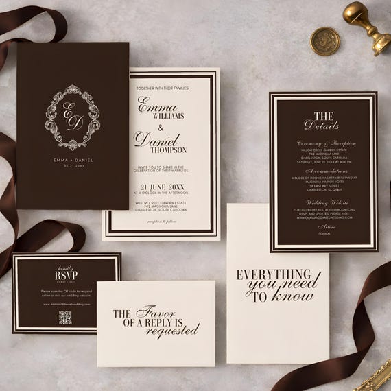 Old Money Wedding Invitation Suite, Luxury Dark Brown Espresso and Cream Invite, Elegant Timeless Wedding Invitation Bundle, Canva Template