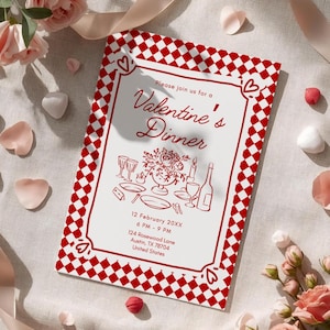 Puede incluir: Una invitación a una cena de San Valentín con un borde a cuadros rojos y blancos. La invitación presenta el texto "Please join us for a Valentine's Dinner" en escritura elegante. Detalles incluyen fecha, hora y lugar.