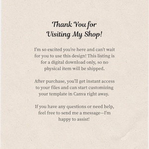 Może przedstawiać: Kremowe ogłoszenie o pobraniu cyfrowym z tekstem "Thank You for Visiting My Shop!" oraz informacjami o produkcie cyfrowym. Tekst wyjaśnia, że ogłoszenie dotyczy tylko pobrania cyfrowego.
