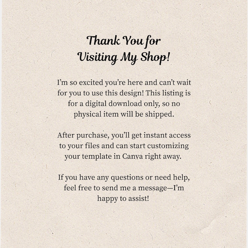 Może przedstawiać: Kremowe ogłoszenie o pobraniu cyfrowym z tekstem "Thank You for Visiting My Shop!" oraz informacjami o produkcie cyfrowym. Tekst wyjaśnia, że ogłoszenie dotyczy tylko pobrania cyfrowego.