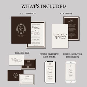Może przedstawiać: Zestaw papeterii ślubnej, w tym zaproszenia, karty ze szczeg&oacute;łami i karty RSVP. Projekt charakteryzuje się klasycznym układem z eleganckimi czcionkami i neutralną paletą kolor&oacute;w. Dołączone są r&oacute;wnież makiety zaproszeń cyfrowych.