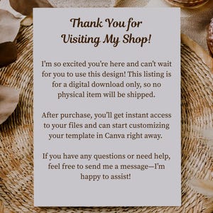 Może przedstawiać: Jasnoszara karta z brązowym napisem "Thank You for Visiting My Shop!". Karta zawiera r&oacute;wnież dodatkowy tekst o pobieraniu cyfrowym i personalizacji. Karta jest umieszczona na tle tkanym.