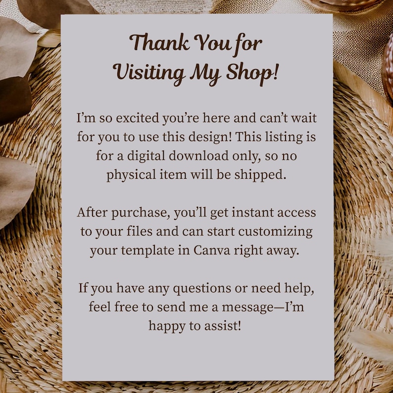 Może przedstawiać: Jasnoszara karta z brązowym napisem "Thank You for Visiting My Shop!". Karta zawiera r&oacute;wnież dodatkowy tekst o pobieraniu cyfrowym i personalizacji. Karta jest umieszczona na tle tkanym.