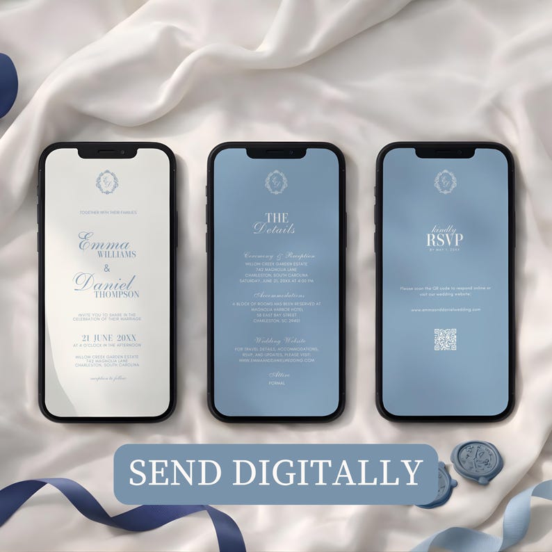 Może przedstawiać: Trzy smartfony wyświetlające cyfrowe zaproszenia ślubne. Ekrany pokazują szczeg&oacute;ły, takie jak imiona, daty i informacje RSVP. Telefony znajdują się na białym tle z niebieskimi akcentami, w tym wstążką i pieczęciami woskowymi. Tekst "SEND DIGITALLY" znajduje się na dole.