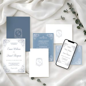 Puede incluir: Un conjunto de papeler&iacute;a de boda en tonos azules y blancos, que incluye invitaciones, tarjetas de detalles y sobres. Los dise&ntilde;os presentan elegantes bordes florales y un monograma. Un tel&eacute;fono inteligente muestra una invitaci&oacute;n digital.