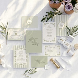 Green Wedding Invitation Suite, Editable Canva Template, Classic Vintage Ornate Border Stationery, Elegant Striped Invite, Digital Download