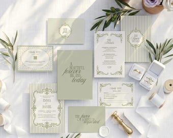 Green Wedding Invitation Suite, Editable Canva Template, Classic Vintage Ornate Border Stationery, Elegant Striped Invite, Digital Download