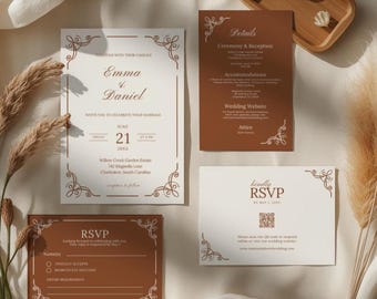Zestaw zaproszeń ślubnych w kolorze terakoty, szablon zaproszenia na jesienny ślub, papeteria w kolorze spalonej pomarańczy w stylu boho, edytowalny szablon Canva, minimalistyczny styl rdzy