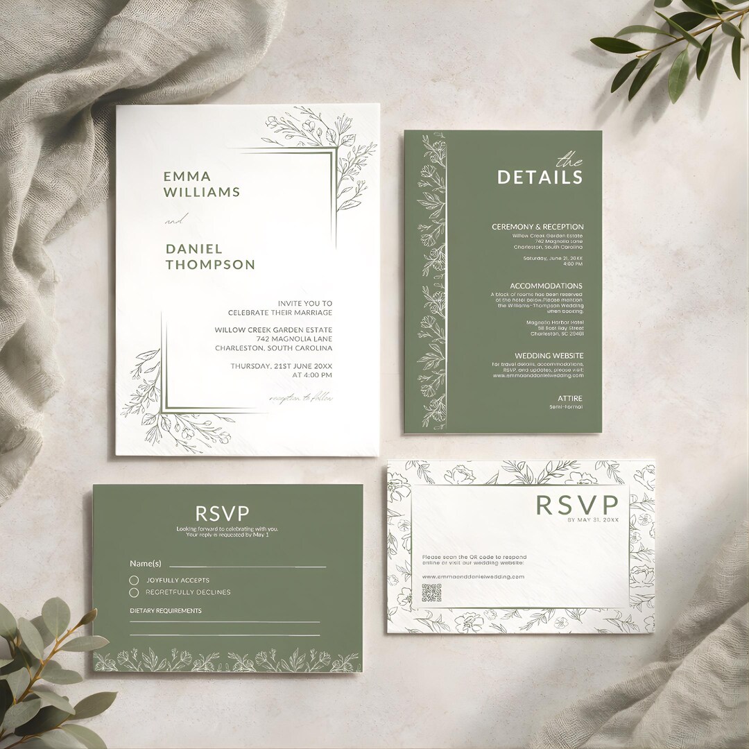 Elegant Sage Green Wedding Invitation Suite, Botanical Minimalist ...