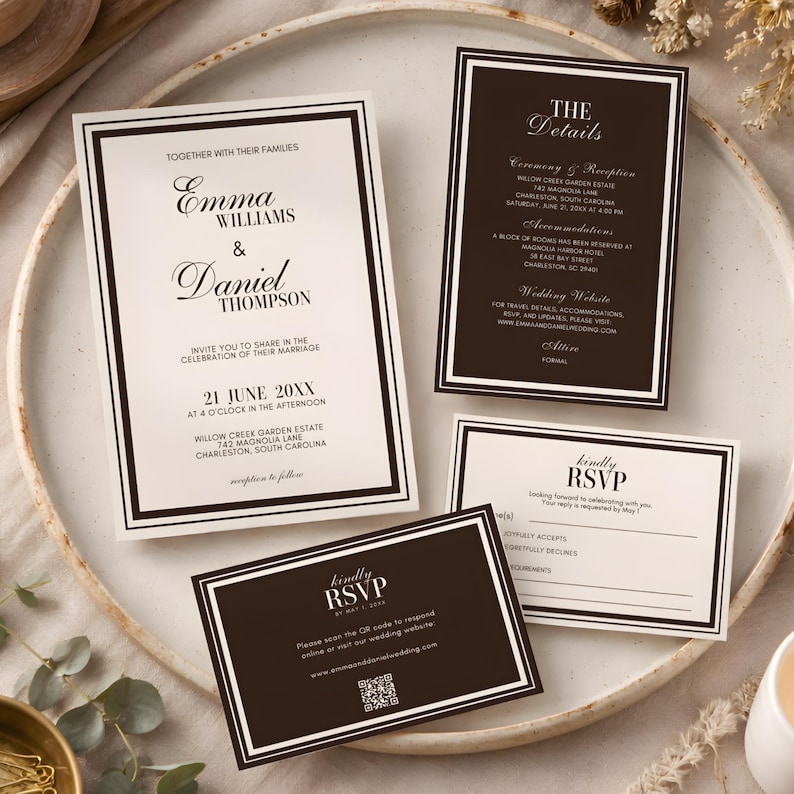 Może przedstawiać: Elegancki zestaw zaproszeń ślubnych w kremowo-ciemnobrązowej kolorystyce. Zestaw zawiera zaproszenie, kartę ze szczeg&oacute;łami i karty RSVP. Tekst zaproszenia brzmi "Emma Williams & Daniel Thompson" i data "21 czerwca 20XX".