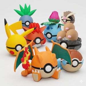 May include: A collection of eight spherical figures designed to resemble various creatures, each featuring a central circular button. The figures include yellow, orange, blue, brown, and tan colours with distinct features like ears, wings, and leaves.