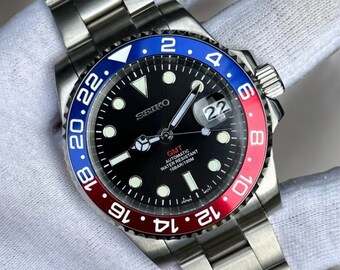 Seiko Mod Diver 40mm Automatic NH36 - Vintage Watch - divers watch - stainless steel sapphire - Pepsi GMT - Jubilee - Blue and Red Bezel