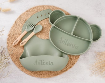 Juego de destete de bebé de silicona personalizado, babero de silicona grabado para bebés, juego de alimentación con nombre, plato para bebé, regalo de baby shower, ecológico