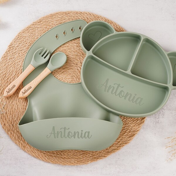 Set per svezzamento in silicone personalizzato, bavaglino in silicone inciso per neonati, set per pappa con nome, piatto per neonati, regalo per baby shower, ecologico