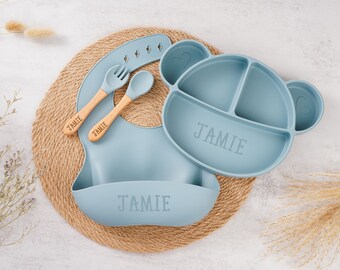 Graviertes Silikon-Lätzchen für Babys, personalisiertes Baby-Entwöhnungsset aus Silikon, Fütterungsset mit Namen, Babyteller, Geschenk zur Babyparty, umweltfreundlich