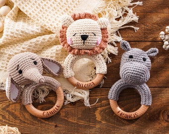 Personalized Wooden Baby Rattle,Custom Crochet Animal Crochet Rattle,Montessori Toy,Baby Shower Gifts,Newborn Gift,Gift for Nephew Niece