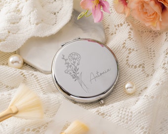 Personalized Compact Mirror,Pocket Mirror,Birth Flower Pocket Mirror for Her,Bridesmaid Proposal Gift,Best Friend Birthday Gift,Gift for Mom