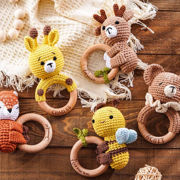 Personalized Crochet Animal Crochet Rattle,Custom Wooden Baby Rattle,Montessori Toy,Baby Shower Gifts,Newborn Gift,Gift for Nephew Niece